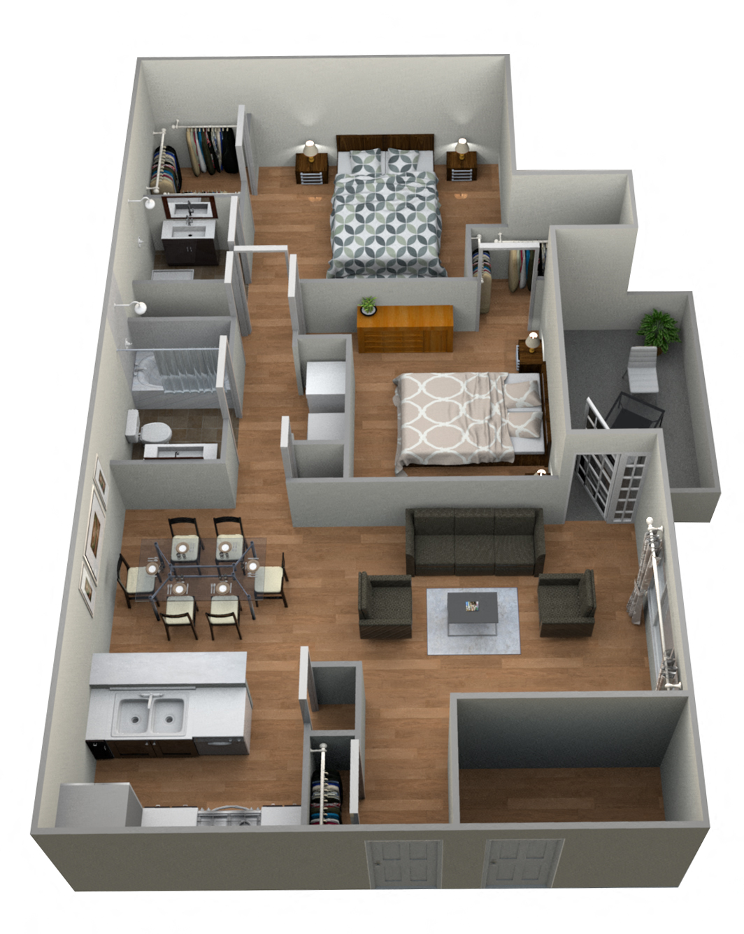 Floor plan for 2 beds, 2 baths, 1050 sqft